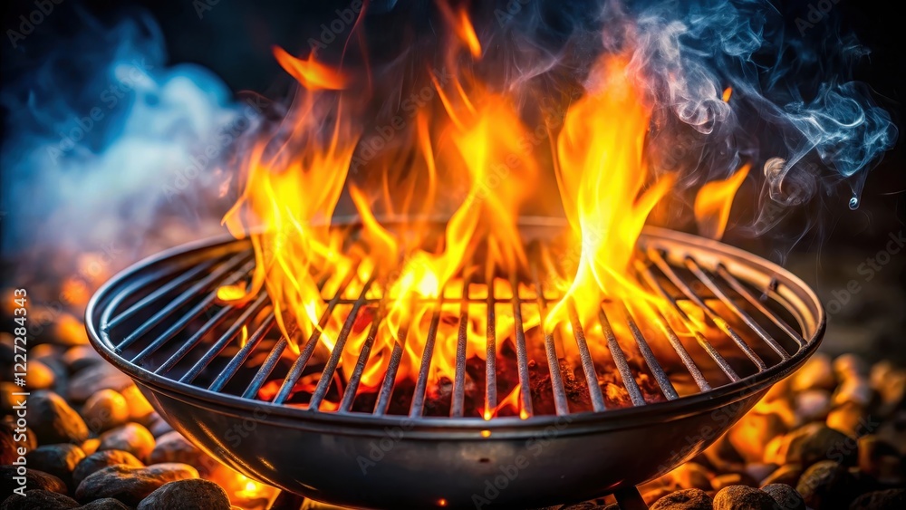 Smoldering charcoal grill with flames , charcoal, warm glow, charcoal, warm glow, BBQ grill, fiery, fire, grill set Smoldering charcoal grill with flames , charcoal, warm glow, charcoal, warm glow, BBQ grill, fiery, fire, grill set