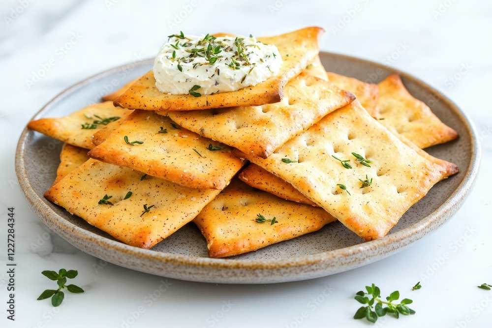 Crispy crackers topped with creamy spread and herbs on a plate. Crispy crackers topped with creamy spread and herbs on a plate.
