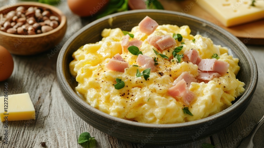Creamy Scrambled Eggs with Ham and Herbs