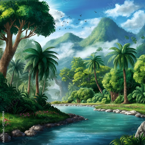 Tropical River Landscape with Lush Greenery and Mountains