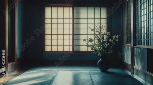 Ikebana flower arrangement in a classic Japanese room. Peaceful interior with natural light and wooden shoji panels. Zen-inspired home decor concept suitable for design and print. Flat lay composition