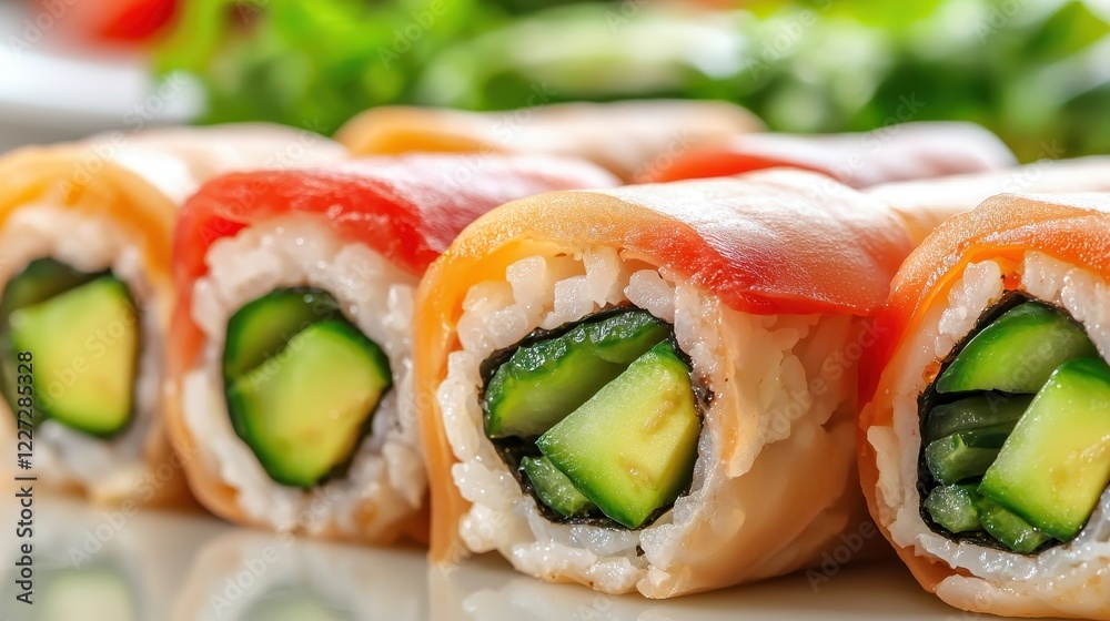 Sliced sushi rolls with fresh ingredients and vibrant colors. Sliced sushi rolls with fresh ingredients and vibrant colors.