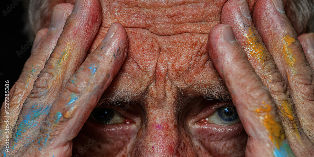 Obraz premium Close-up Portrait of Elderly Man with Paint-Stained Hands