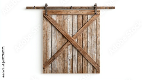 A rustic wooden sliding barn door with a weathered finish, featuring diagonal braces and metal hardware for a charming farmhouse aesthetic.