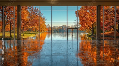 Autumnal park view from glass-walled building