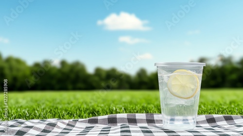 A refreshing glass of lemonade sits on a checkered blanket in a sunny park, surrounded by lush green grass and a clear blue sky.
