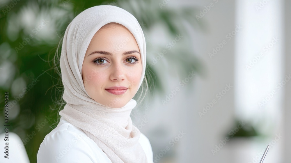 Woman, hijab, office, portrait, confident, professional, plants, background Woman, hijab, office, portrait, confident, professional, plants, background