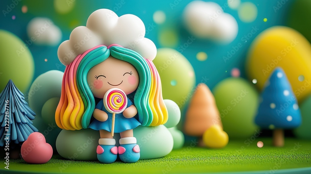 Obraz premium A cheerful, colorful character with rainbow hair holds a lollipop, surrounded by pastel trees and fluffy clouds in a vibrant, playful landscape.