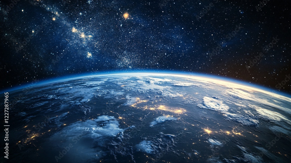 Obraz premium Satellite view of Earth from space showcasing atmospheric layers, including the stratosphere and curvature of the planet, with a focus on environmental and scientific exploration