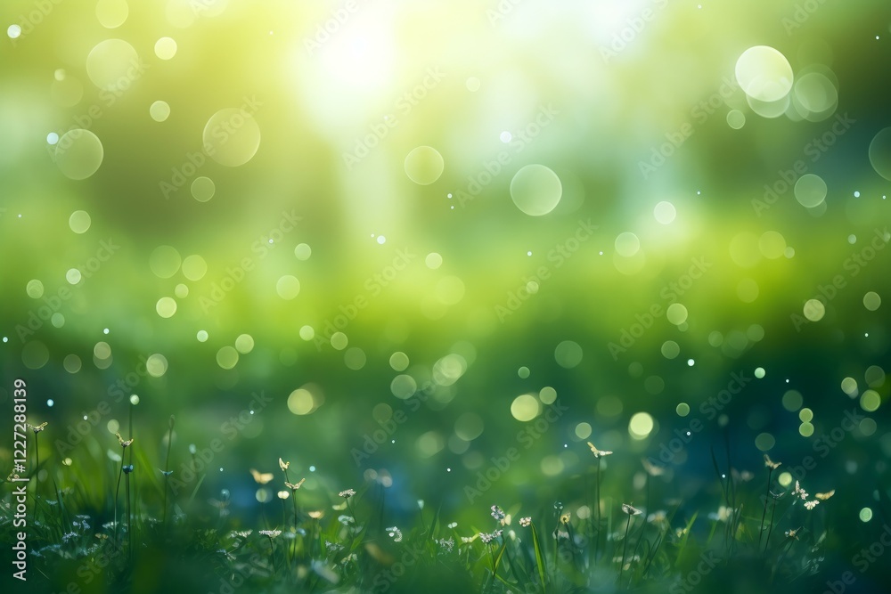 Obraz premium Green grass and flowers with soft focus bokeh and sunlight create a beautiful natural background