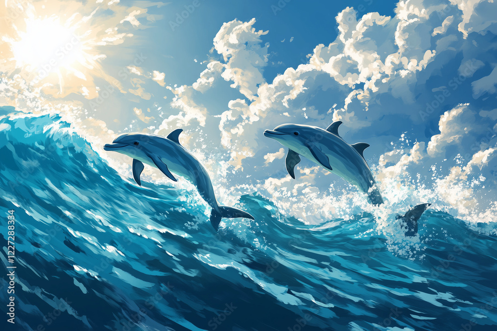 Fototapeta premium A Pod of Dolphins Swimming Playfully in the Open Ocean Under the Bright Sun