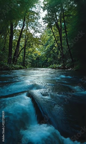 Forest river flowing, lush trees, calm water, nature background, tranquil scene