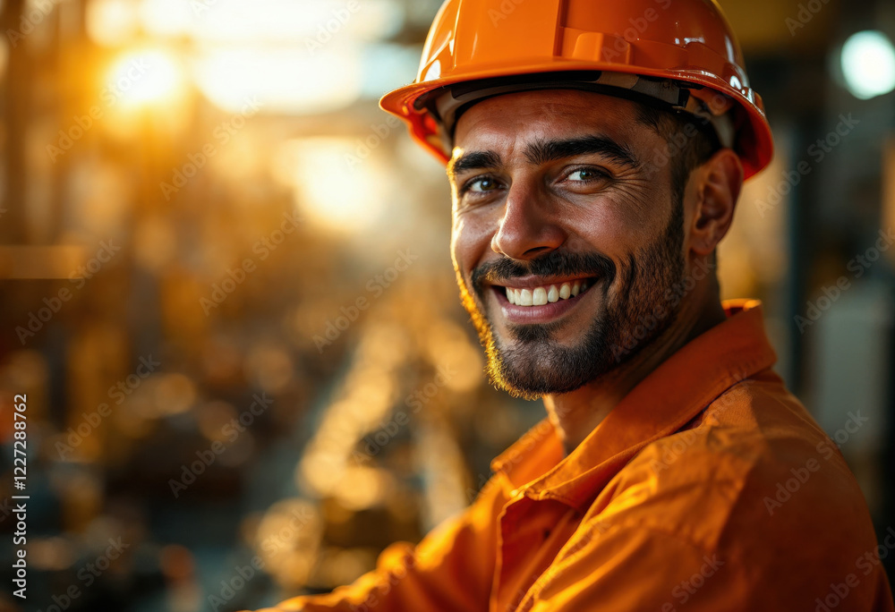 Construction worker smiles brightly while working in a bustling warehouse during golden hour, showcasing dedication and pride in his craft as the sun sets Construction worker smiles brightly while working in a bustling warehouse during golden hour, showcasing dedication and pride in his craft as the sun sets