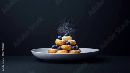 Quadro em tela A stack of golden donuts topped with fresh blueberries, elegantly dusted with powdered sugar, set against a dark background