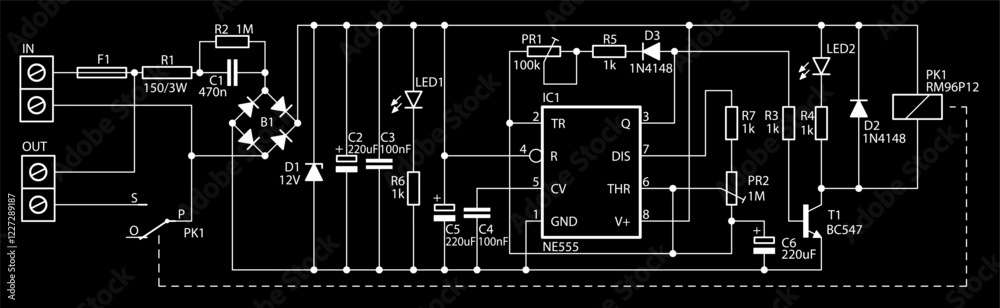 Obraz premium Schematic diagram of digital electronic device on paper sheet. Vector drawing electrical circuit with integrated circuit, transistor, led, diode, capacitor, resistor, connector, other components.