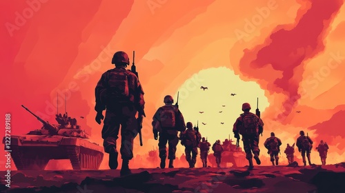 illustration defense sector, soldies, war, battle scene