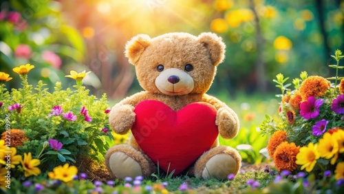 A cuddly teddy bear with a big heart-shaped decoration on its chest, surrounded by colorful flowers and greenery , garden theme, teddy bear love heart