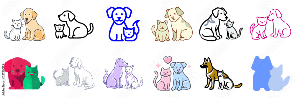 Collection of various dog and cat themed icons on a transparent background Collection of various dog and cat themed icons on a transparent background