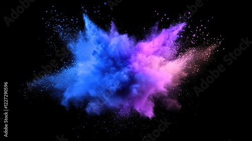 Illustration depicting an explosion of blue aqua and violet dust in freeze motion capturing the dynamic movement of color powder exploding