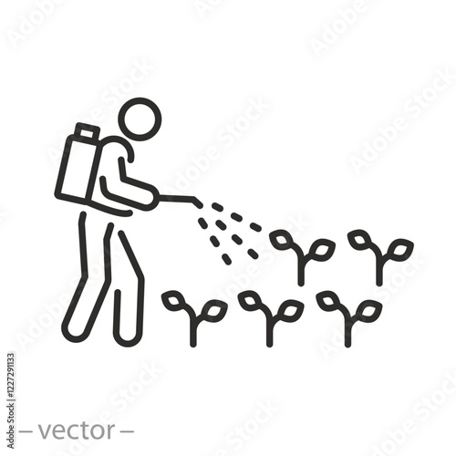pesticide sprays icon, pest control, human spraying insecticide, thin line symbol on white background - editable stroke vector illustration