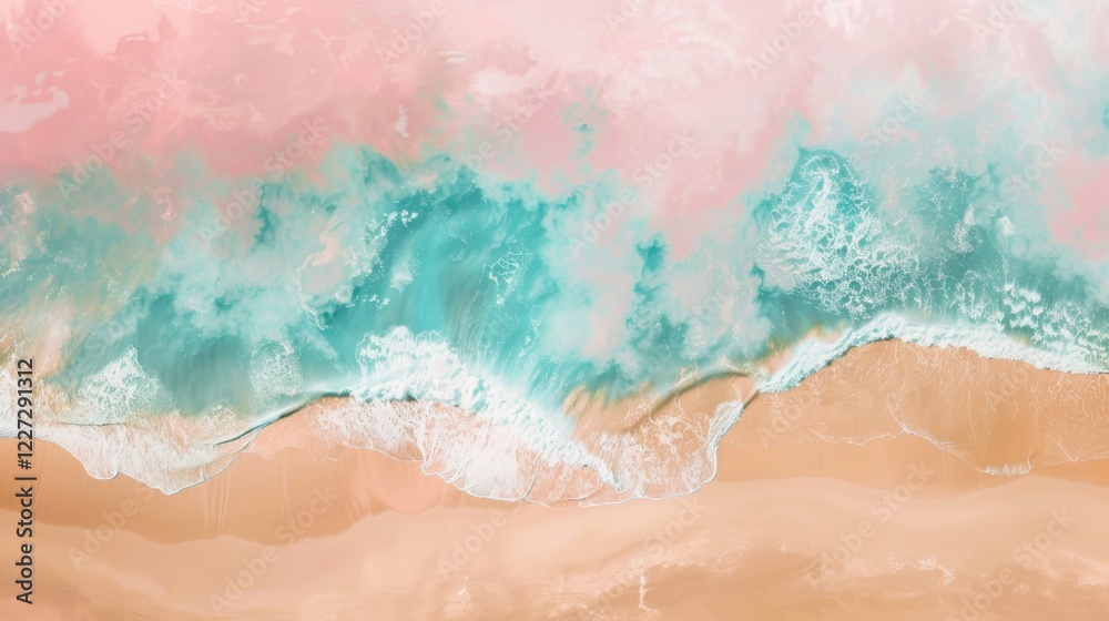 Fototapeta premium Aerial View of Turquoise Ocean Waves Crashing on Pink Sandy Beach