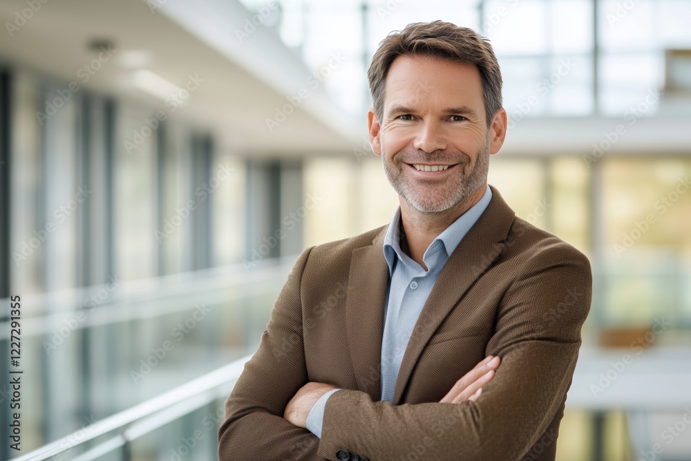 portrait of successful senior businessman consultant wearing mocha soft brown suit, looking at camera and smiling inside modern office building portrait of successful senior businessman consultant wearing mocha soft brown suit, looking at camera and smiling inside modern office building