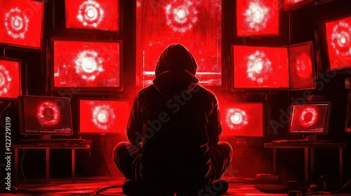 A man is sitting in front of a computer monitor with a red background