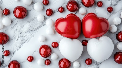 Red and white hearts on marble; Valentine's Day; love, romance