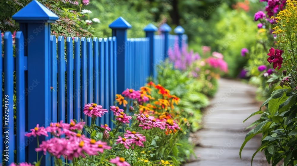 Fototapeta premium A bleu aluminum fence running along a tranquil garden pathway, framed by blooming flowers and vibrant greenery.