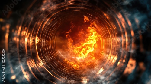 Illustration depicting smoke and fire inside an air duct within a ventilation system with the front and back backgrounds blurred and featuring a bokeh effect