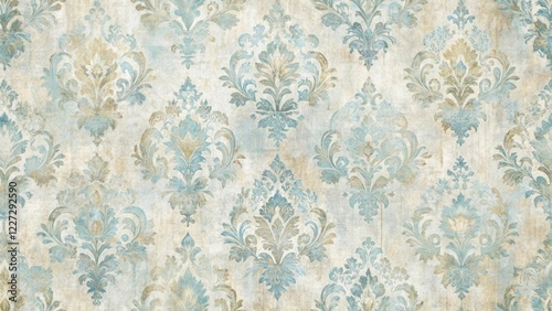 Distressed Shabby Tapestry Patterned Wallpaper with Soft Blues and Whites , pastel colors