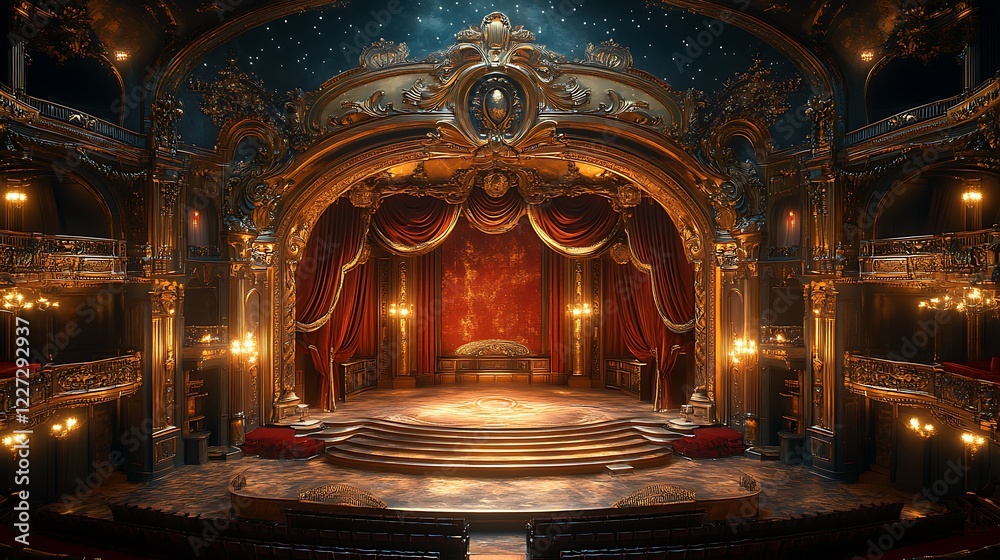 Obraz premium Vintage theater stage gold details luxurious red curtains elegance