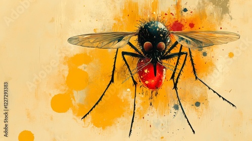 A stylized illustration of a mosquito, with a full red belly, against a textured yellow background with splashes of red and gray