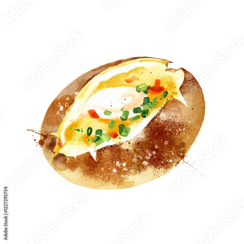 Watercolor hand drawn sketch backed potato. Isolated illustration. Menu restaurant design