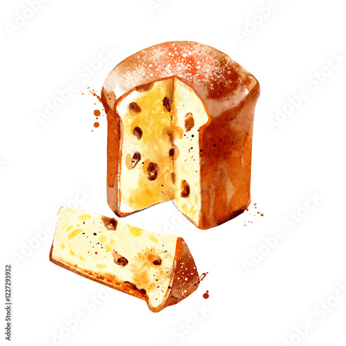 Watercolor hand drawn vintage sketch Italian food panettone. Vector illustration 