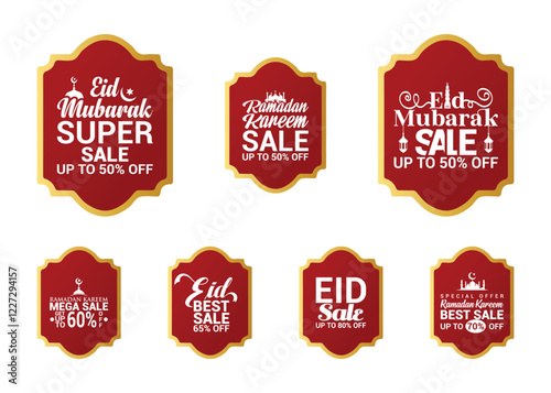 Ramadan Kareem and Eid Mubarak Super Sale Label on Red and Gold Shape with Discount Tag for social ad, banner and poster.