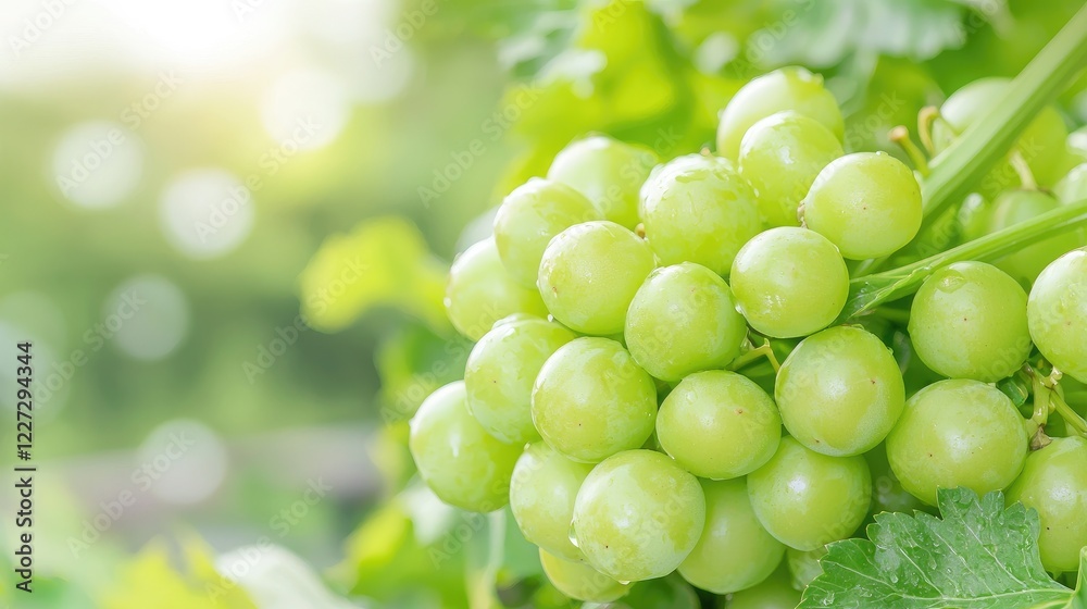 Green grapes on vine, sunlight, vineyard background, food and drink use Green grapes on vine, sunlight, vineyard background, food and drink use