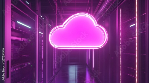 Glowing Neon Cloud Icon Representing Data Storage and Cloud Computing in a High-Tech Server Room Data Center, Symbolizing Cybersecurity and Digital Transformation Technology photo