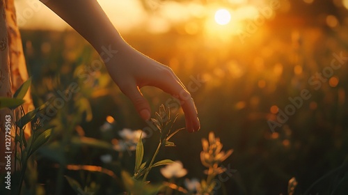 Golden Sunset Over Wheat Field with a Hand Gently Touching the Tall Grass, Capturing the Warmth of Nature's Beauty, Tranquil Rural Landscape at Dusk in Golden Hour Light. photo