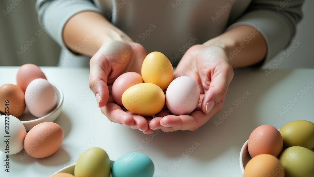 Hands of a woman holding colored Easter eggs. Easter celebration concept. Hands of a woman holding colored Easter eggs. Easter celebration concept.