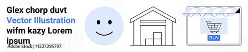 Smiling face, warehouse outline, e-commerce shopfront with a shopping cart symbolizing retail, online shopping, inventory management, customer satisfaction, and digital commerce tools. Ideal