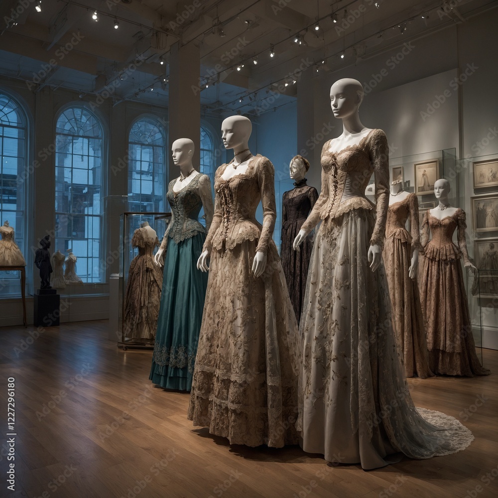 Fototapeta premium A modern art gallery with sleek, minimalist design showcases a collection of elegant historical dresses on mannequins.