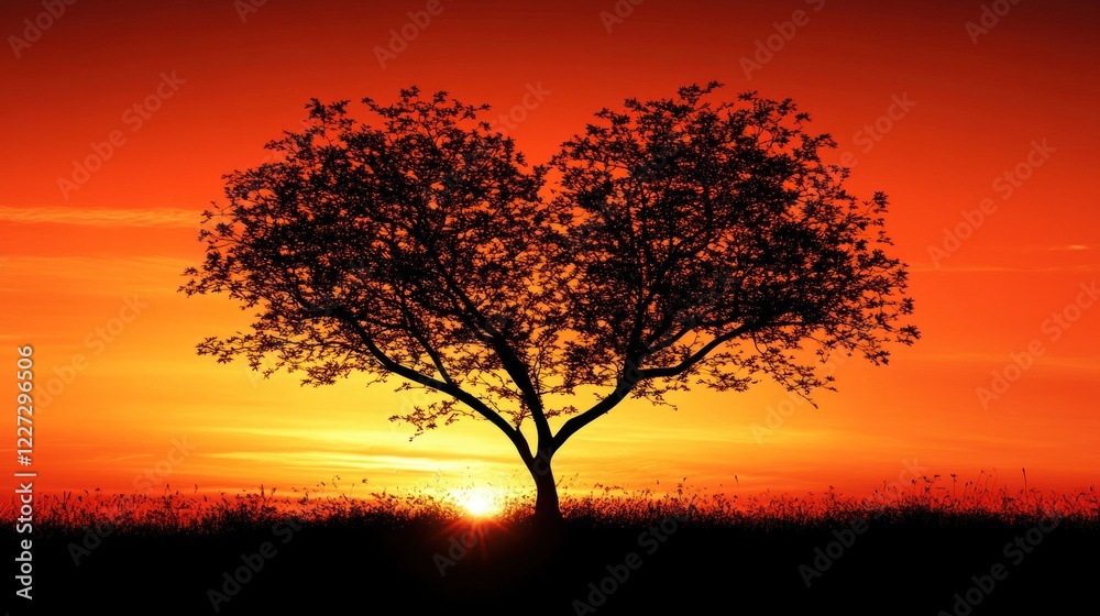 Naklejka premium Heart Shaped Tree Silhouette At Sunset