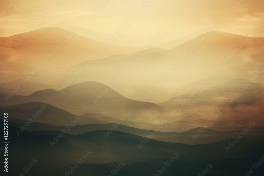 Fog covering rolling hills and valleys during a golden sunset, creating a serene and peaceful landscape Fog covering rolling hills and valleys during a golden sunset, creating a serene and peaceful landscape