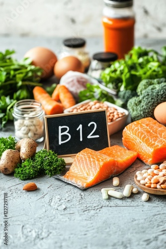 group of products that contain vitamin B12. Selective focus.
