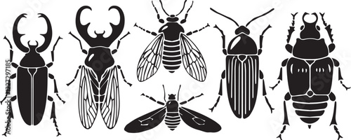 A set of insects silhouettes for flat design. Hand drawn vector illustration
