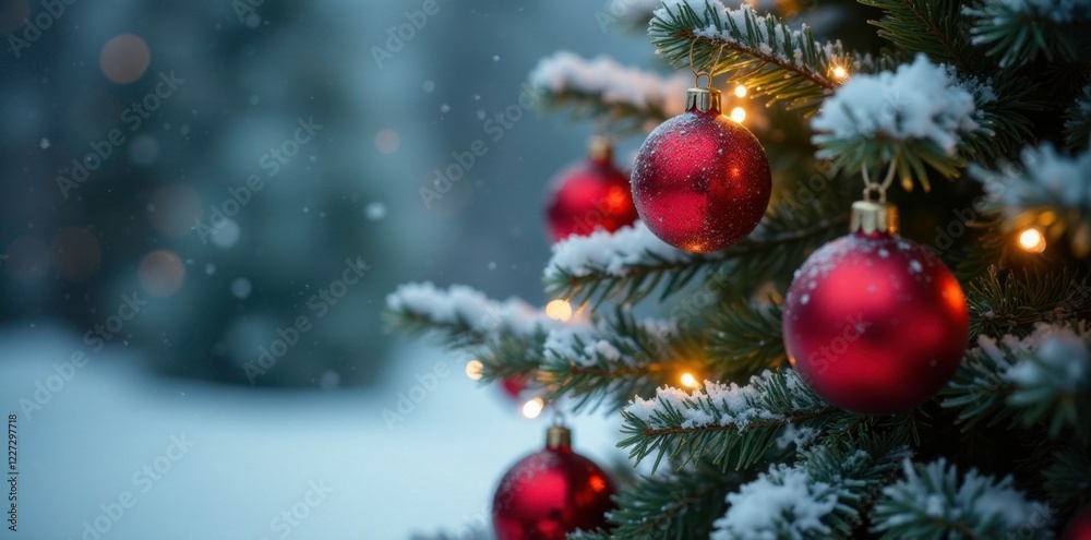 Snow dusted fir tree with red glass ornaments and twinkling string lights, frosty, ornaments Snow dusted fir tree with red glass ornaments and twinkling string lights, frosty, ornaments