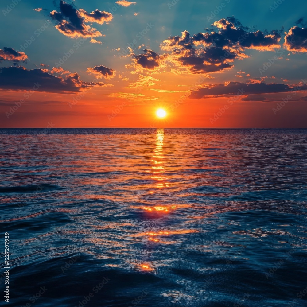 Obraz premium A stunning sunset over the sea, with the sky painted in warm colors and the sun sinking below the horizon.