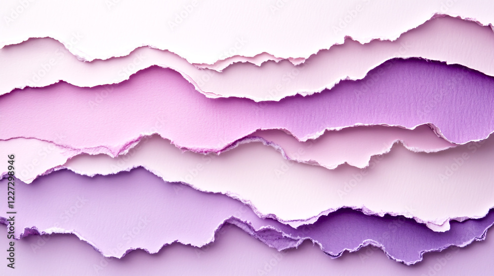 Fototapeta premium Abstract pastel torn paper layers on light background in soft purple hues