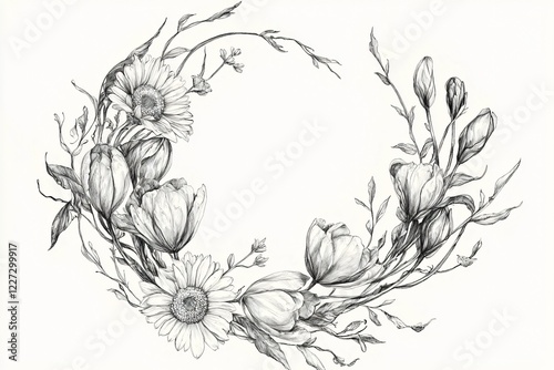 Wallpaper Mural Intricate black and white floral illustration featuring daisies and tulips in a circular arrangement Torontodigital.ca